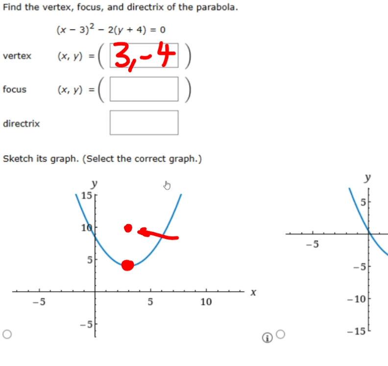 homework problem asking about focus and vertex of parabola and its graph